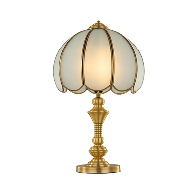 Dome Bedside Table Lamp Vintage Opal Frosted Glass 1 Bulb Brass Night Light with Scalloped Edge