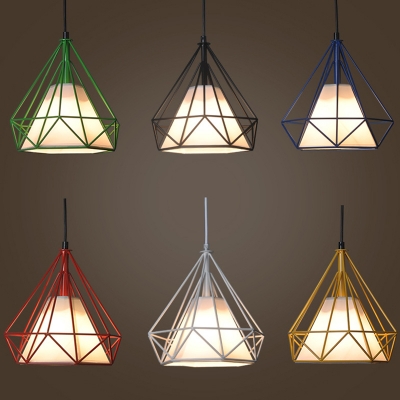 Iron Red/Blue/White Pendant Light Kit Diamond 1 Bulb Loft Style Hanging Lamp with Inner Cone Fabric Shade