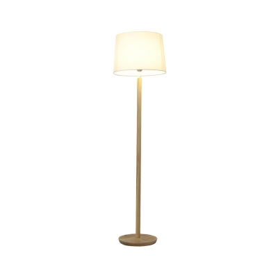 Minimal Single-Bulb Floor Reading Light Wood Straight Floor Lamp with Drum Fabric Shade