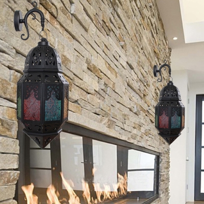 Moroccan Lantern Wall Sconce 1-Light Stained Glass Wall Mounted Lamp in Black for Bistro