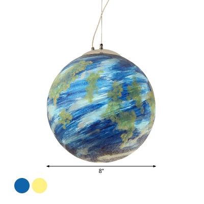 Saturn/Earth Kids Bedside Down Lighting Blue/Yellow Glass 1 Head Creative Modern Hanging Pendant, 8