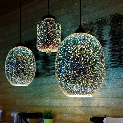 Silver Jar/Oval Shaped Pendant Lamp Post-Modern 1 Bulb 3D Firework Mirrored Glass Hanging Light Fixture