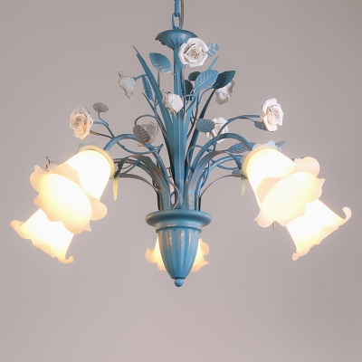 White Glass Flower Chandelier Lamp Pastoral Style 5/6/8 Bulbs Living Room Pendant Light in Blue
