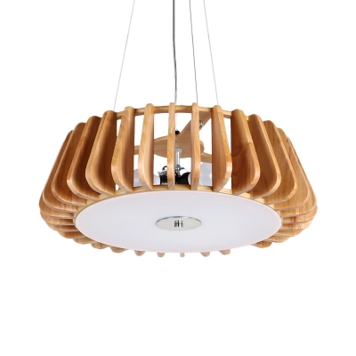Wood Drum Ceiling Pendant Nordic 1 Bulb Beige Suspended Lighting Fixture for Dining Room
