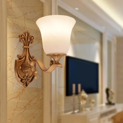 1/2-Head Flared Shade Wall Lighting Traditional Brass Opaline Glass Wall Sconce for Tearoom