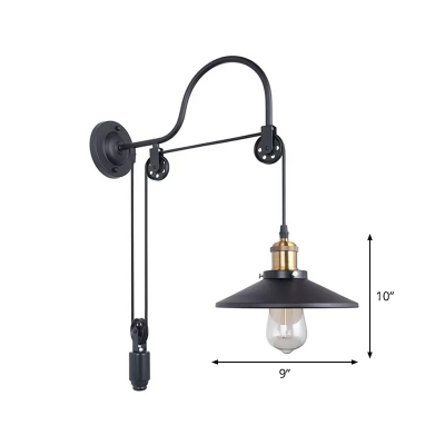 1 Bulb Pulley Wall Mount Lamp Industrial Bedroom Wall Lighting with Conical Metal Shade in Black