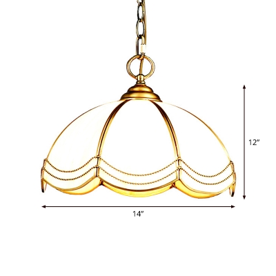 1 Bulb Scalloped Dome Pendant Lighting Traditional Brass Textured White Glass Hanging Ceiling Light