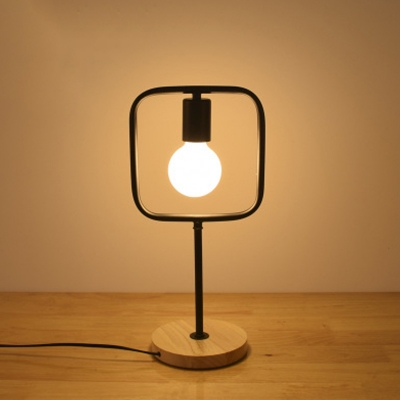 1 Head Iron Nightstand Light Industrial Black Triangle/Round/Square Bedside Table Lamp with Wood Base