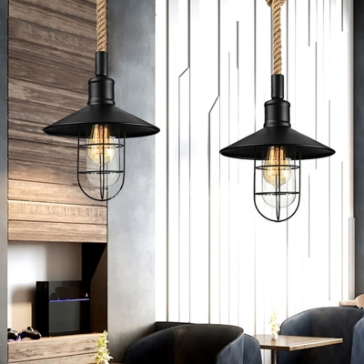 1-Light Barn/Bowl/Saucer Pendant Lamp Industrial Black Iron Ceiling Suspension Lamp with Hemp Rope