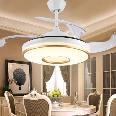 4 Blades Restaurant LED Ceiling Fan Light Minimalist White-Gold Semi-Flush Mount with Round Acrylic Shade, 19