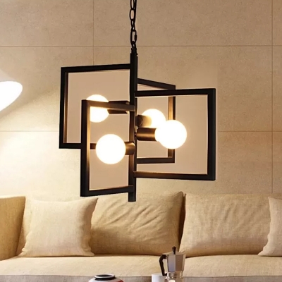 4-Head Pendant Lighting Vintage Square Frame Iron Chandelier with Exposed Bulb Design in Black
