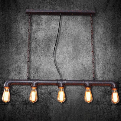 5 Lights Iron Island Lighting Industrial Rust Linear Piping Dining Room Ceiling Suspension Lamp