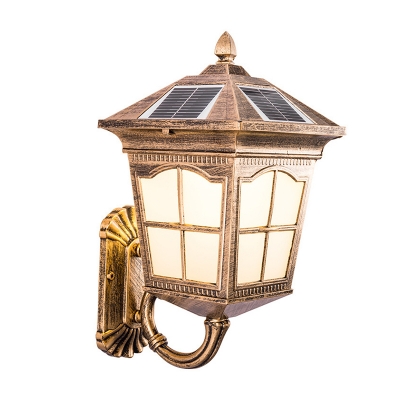 Brass Solar Powered LED Wall Light Traditional Frosted Glass Small/Large Pagoda Lantern Sconce