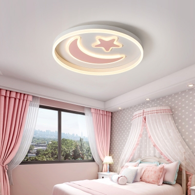 Cartoon Moon and Star Ceiling Flush Acrylic Kids Room LED Round Flush Mount Light Fixture in Pink/Blue/Black
