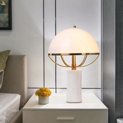 Designer Umbrella Shaped Table Light White Glass 2-Bulb Living Room Nightstand Lamp in Gold with Cylinder Marble Base