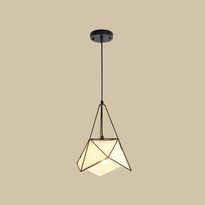 Diamond-Cut Fabric Pendant Ceiling Light Rustic 1-Light Restaurant Hanging Lamp with Wire Cage in Black/White/Gold