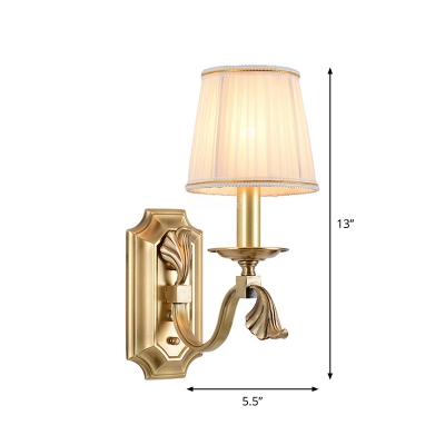 Gold Candle Wall Mount Lighting Traditional Metal 1/2-Light Living Room Wall Lamp with Pleated Fabric Shade