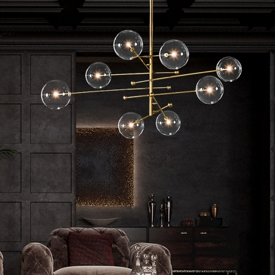 Gold Tiers Chandelier Lamp Modernism 8-Light Metal Hanging Light with Ball Clear Glass Shade