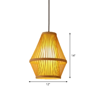 Hand-Worked Drop/Ellipse/Diamond Shaped Pendant Asian Bamboo Single Beige Ceiling Suspension Lamp