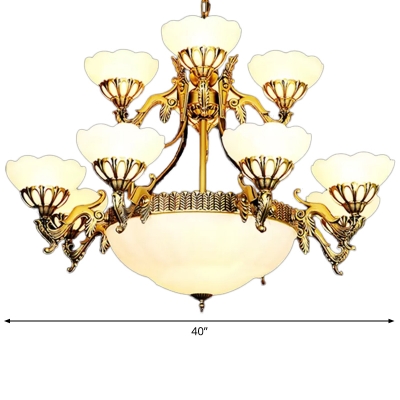 Handmade Layered Flower Milk Glass Chandelier Traditional 15 Bulbs Dining Room Suspension Light in Brass
