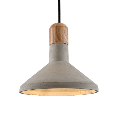 Loft Conical Pendant Ceiling Light 1 Head Cement Hanging Light Fixture in Grey and Wood