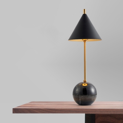 Marble Ball Nightstand Lamp Designer 1-Light Black/White-Brass Table Light with Cone Shade