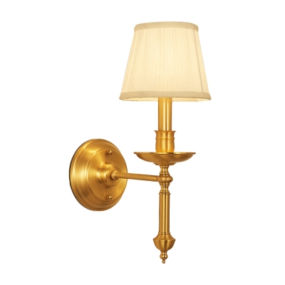Metal Gold Wall Light Sconce Candle Style 1 Bulb Traditional Wall Mounted Lamp with Cone Fabric Shade