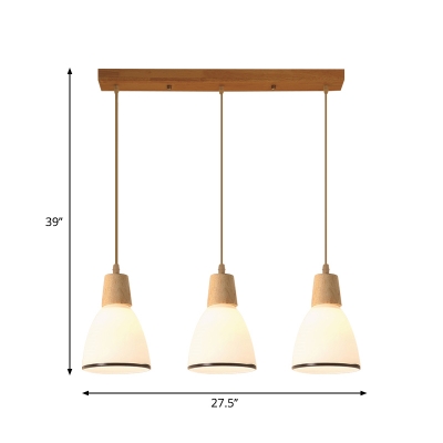 Nordic Flared/Bell/Bowl Shade Pendant Cream Glass 3 Lights Nordic Ceiling Hang Light with Round/Linear Wood Canopy