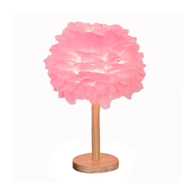 Nordic Style Blossoming Table Lamp Feather 1-Light Baby Girls Room Night Light in White/Pink/Grey and Wood