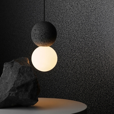 Novelty Simple Mini Snowball Pendant Cement 1-Light Living Room Pendulum Light in Black with Milk Glass Shade