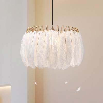 Palm Tree/Floral/Ruffled Drop Pendant Minimalist Feather/Acrylic/Fabric 1 Head White Suspended Lighting Fixture over Table