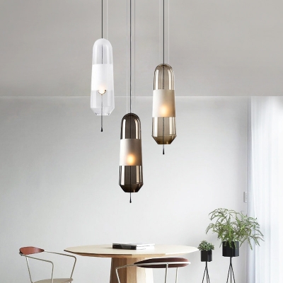 Pill-Capsule Shaped Bedside Pendant Lamp Clear/Smoke Grey/Amber Glass Single Minimalist Hanging Light with Pull Chain
