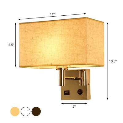 Rectangle Fabric Wall Lamp Fixture Minimalist 1-Light Black/White/Beige Wall Mount Light with USB Charging Port