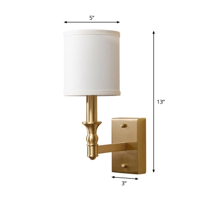Single-Bulb Cylinder Wall Sconce Light Simple Style Gold Fabric Wall Mounted Light for Bedroom