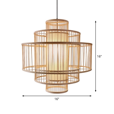 Single Restaurant Pendant Light Asian Beige Hanging Lamp with 3-Layer Bamboo Cage, 16