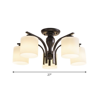 White Glass Black Semi Flush Light Cylindrical 3/6/8 Heads Vintage Ceiling Mount Chandelier for Bedroom