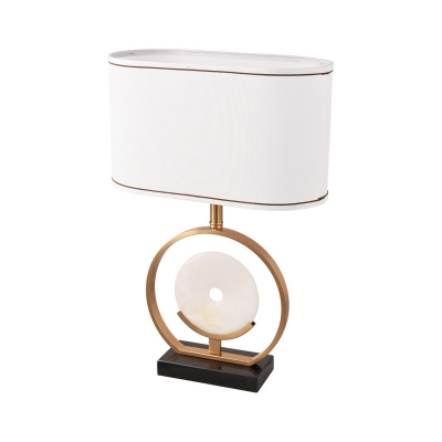 White Oblong Night Table Lamp Postmodern 1 Bulb Fabric Nightstand Light with Ring Stand