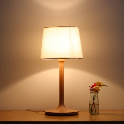White Tapered Table Lamp Minimalistic 1 Light Fabric Night Light with Wood Rod Base