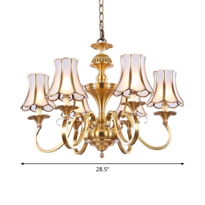 3/6/10 Lights Flared Chandelier Traditional Brass Frosted Glass Drop Lamp with Scalloped Trim