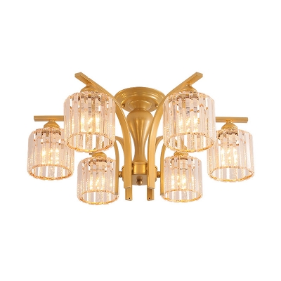 3/6-Bulb Flush Mount Chandelier Traditional Cylinder/Floral White Glass/Clear Prismatic Crystal Semi Flush Ceiling Light in Black/Gold
