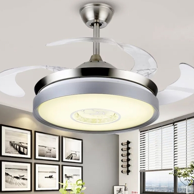 4-Blade Silver Circle LED Ceiling Fan Light Simplicity Acrylic Semi Flush Mount Light Fixture, 19