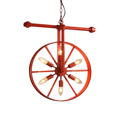 6 Lights Wheel Chandelier Pendant Loft Style Black/Red/Rust Iron Suspended Lighting Fixture