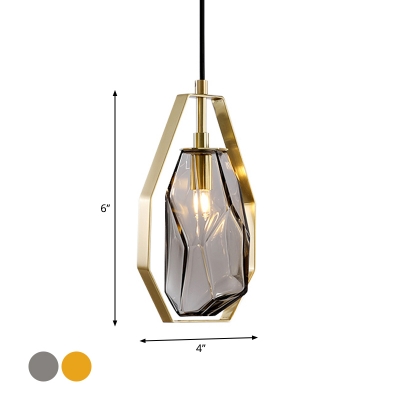Amber/Smoky Glass Gem Shaped Pendant Mid-Century 1 Head Brass Finish Hanging Ceiling Light with Frame