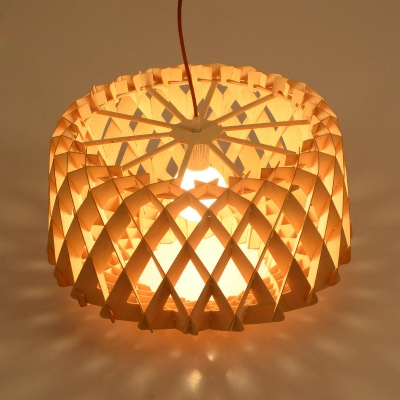 Asian 1-Light Pendant Light Fixture Beige Criss Cross-Woven Drum Shaped Pendant Lamp with Wood Shade