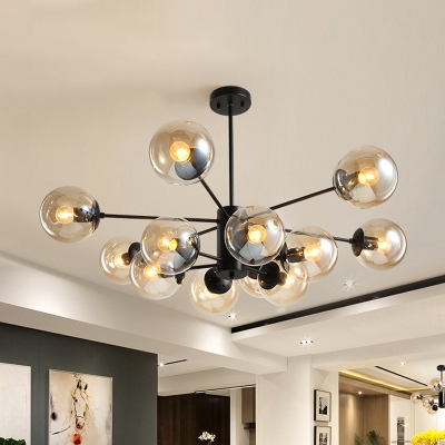 Blue/Amber/Clear Glass Ball Chandelier Modern 12 Lights Black Ceiling Suspension Lamp for Living Room