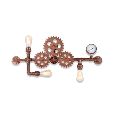 Bronze/Copper Pipe Wall Lighting Factory Iron 3 Lights Antique Living Room Wall Mount Lamp with Gear and Clock