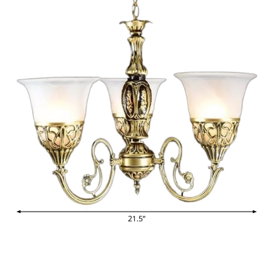 Bronze Flared Up Chandelier Lamp Vintage Cream Glass 3-Light Restaurant Pendant Light with Curved Arm