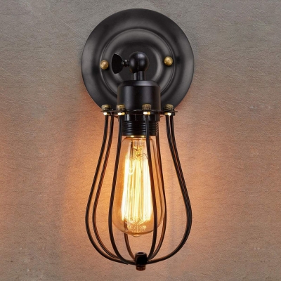 Bulb-Shaped Cage Bedside Wall Light Farmhouse Iron Single Black Wall Mounted Lamp with Swivel Joint