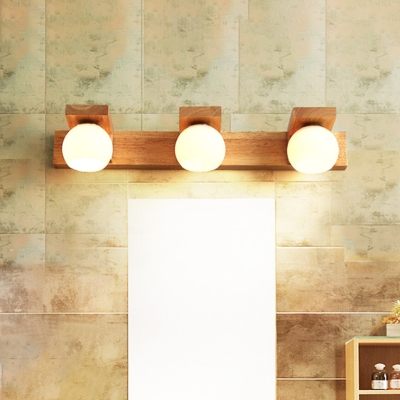 Dome Milky Glass Vanity Lighting Modern 2/3 Lights Beige Wall Mounted Lamp with Linear Wooden Backplate