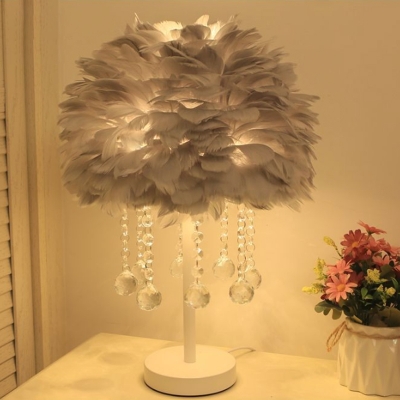 Domed Table Lamp Modernist Feather Single Living Room Nightstand Light in Pink/Apricot/Grey with Crystal Orb/Teardrop